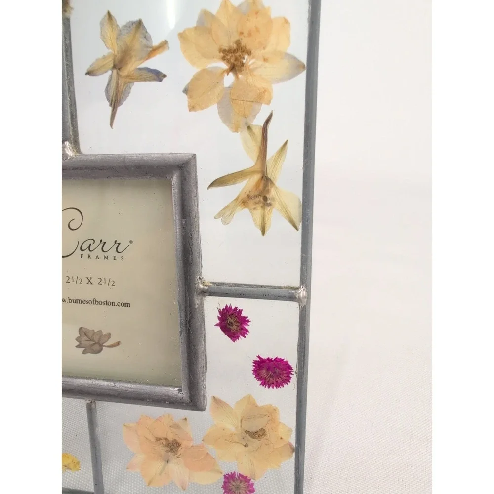 vtg Carr Frames Leaded Glass Picture Frame Silver Pressed Flowers 1999 2.5x2.5